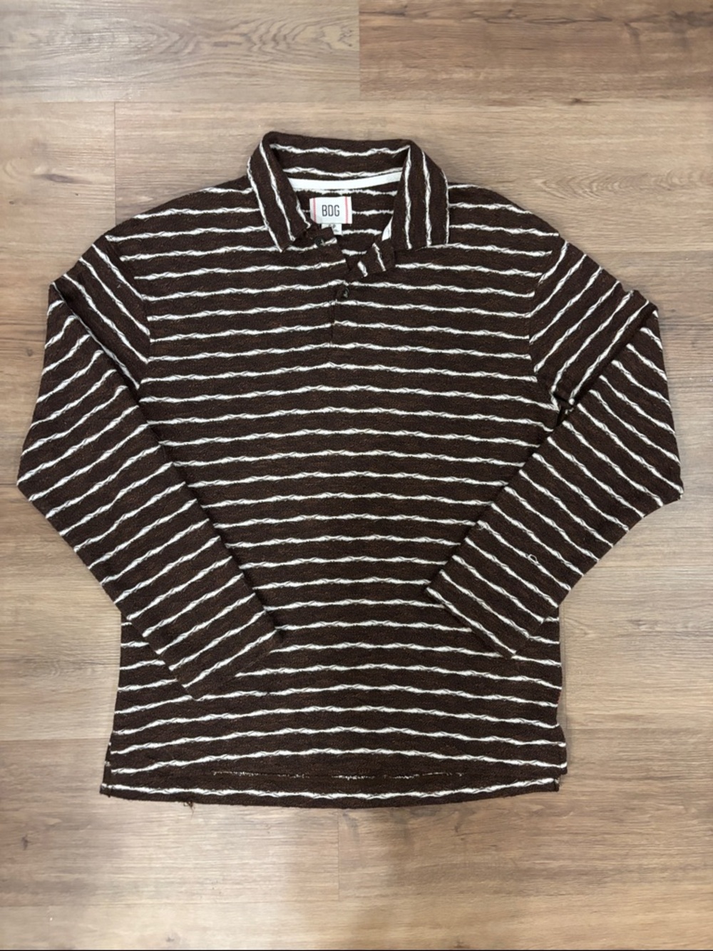BDG Brown & White Striped Long-Sleeve Polo